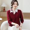 Women's Chiffon Lapel Knitwear Shirt - Long Sleeve, Middle-Aged & Elderly Spring/Autumn Fashion Base Layer Top