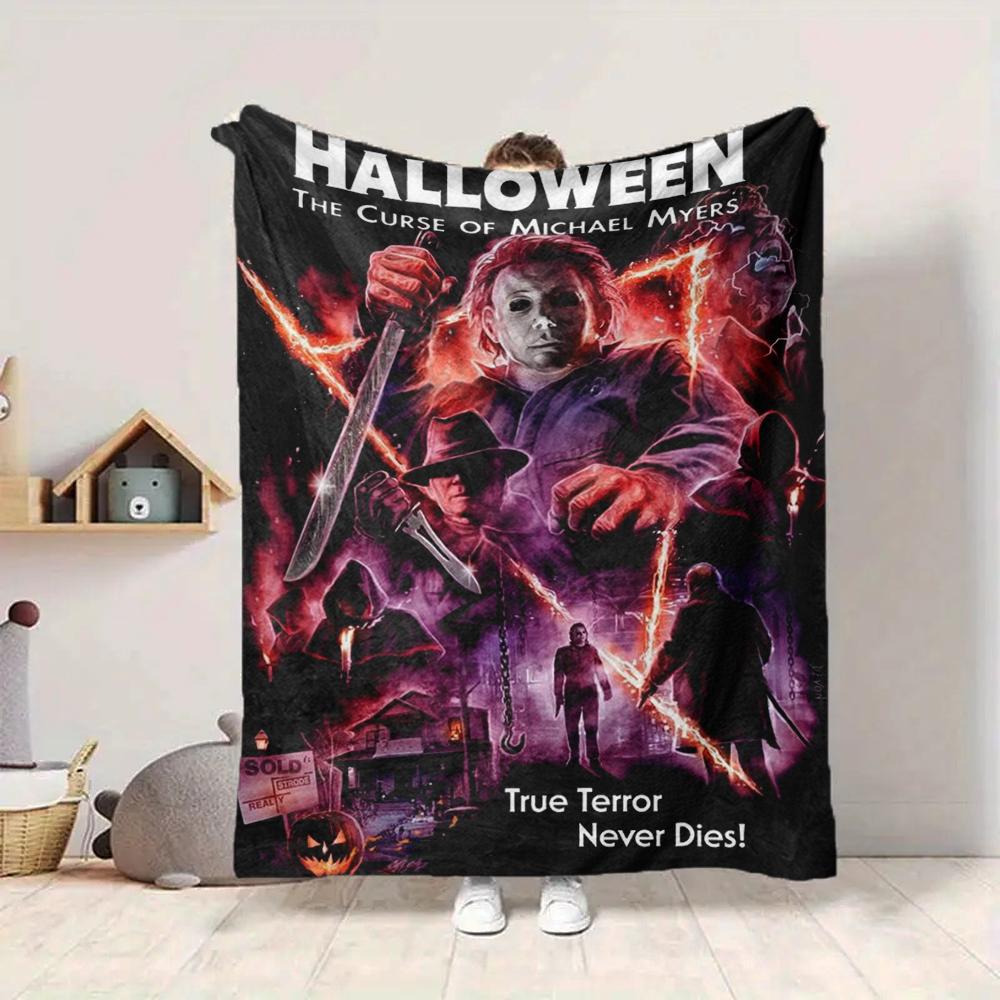 1Pc Halloween Myers' True Terror Flannel Blanket, Soft And Comfortable, Casual Warm, Camping Travel, Christmas, Halloween Xmas Gift L1190