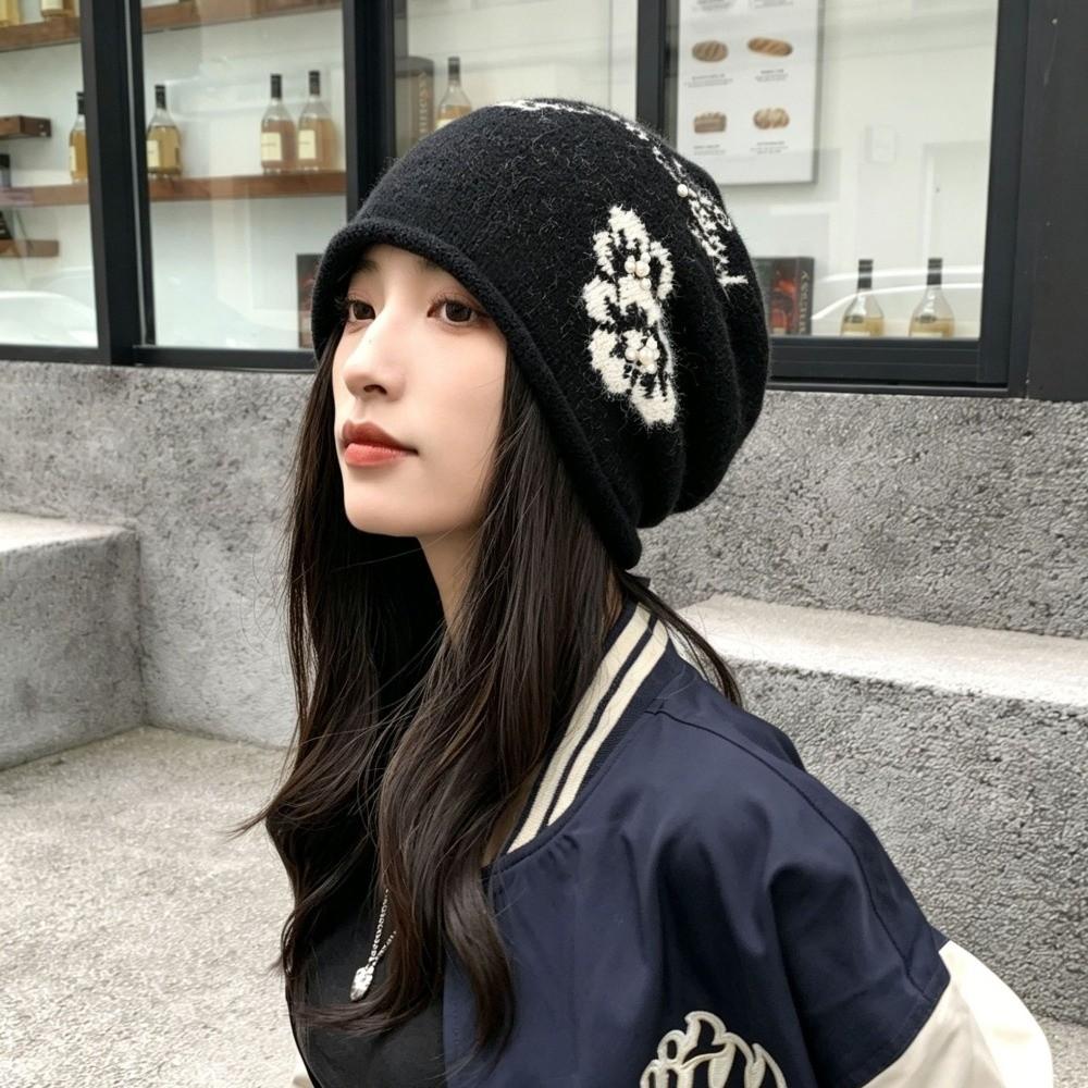 Ear Protection Floral Slouchy Beanie Windproof Fall Winter Cold Hat Jacquard Knit Hat Casual