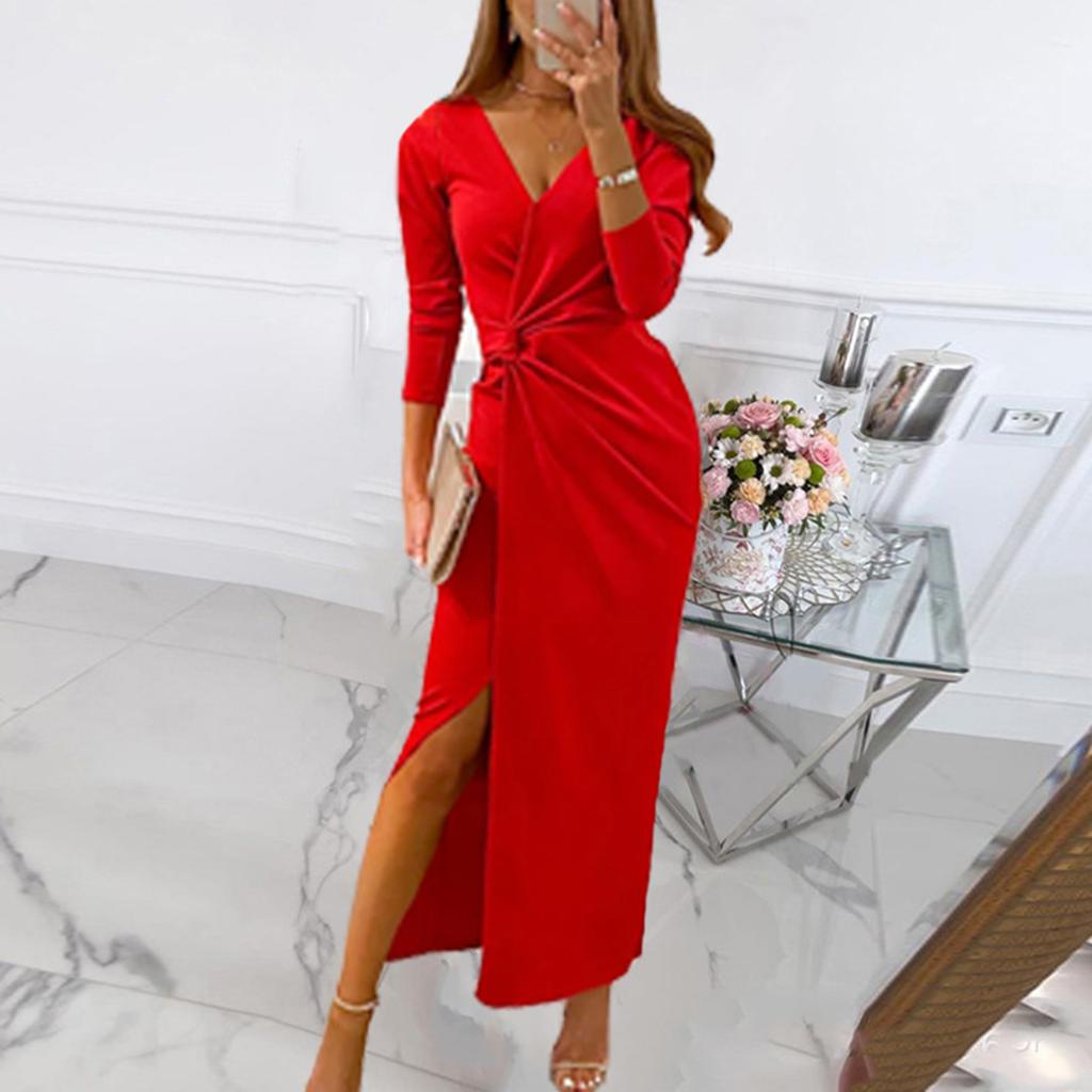 Damenmode, einfarbig, V-Ausschnitt, lange Ärmel, offenes Kleid, Abendkleid