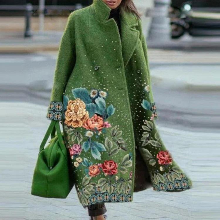 2025 European American Style Women Long Woolen Coat Autumn Winter Printed Fashion
