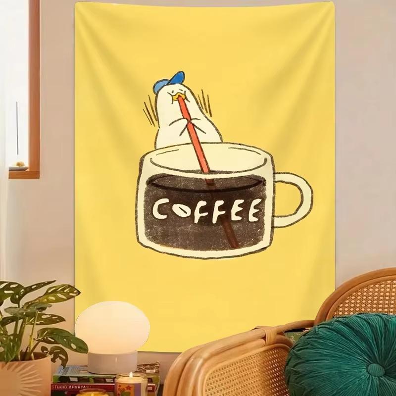 Cute Yellow Duck Coffee Tapestry, Drinking Coffee Aesthetic Poster For Dorm Bedroom Living Room Coffee Fan Decor Gift