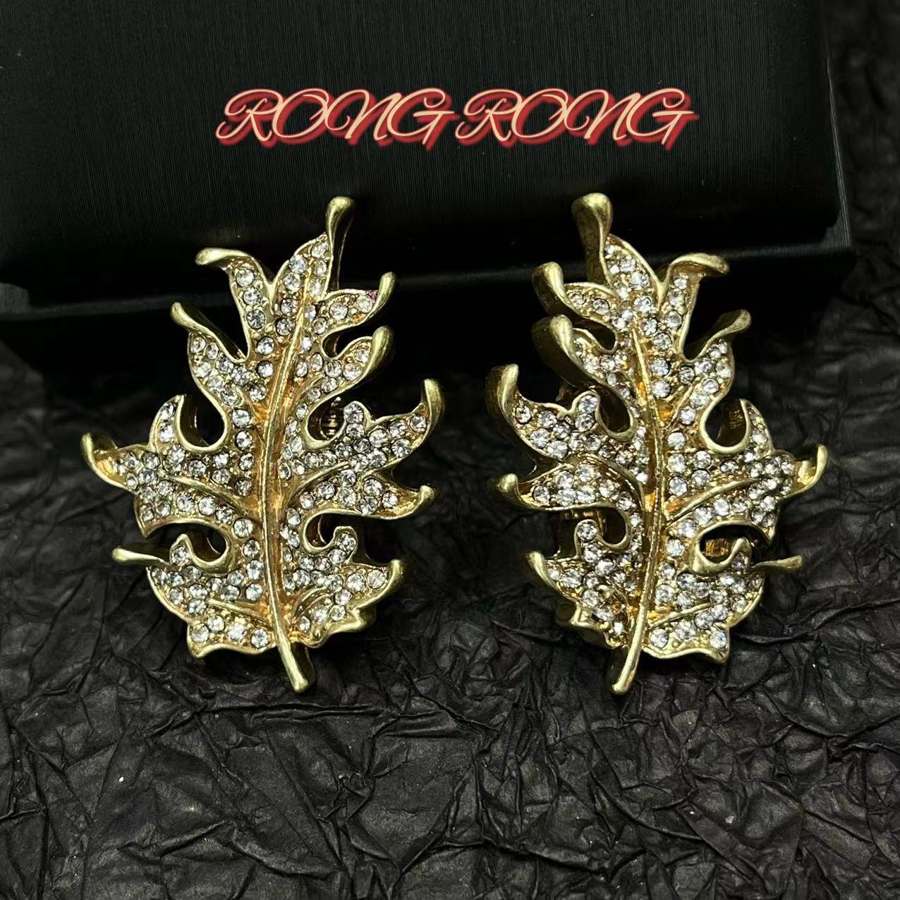 

Vintage Emerald Diamond Leaf Ear Clips - European Antique Jewelry