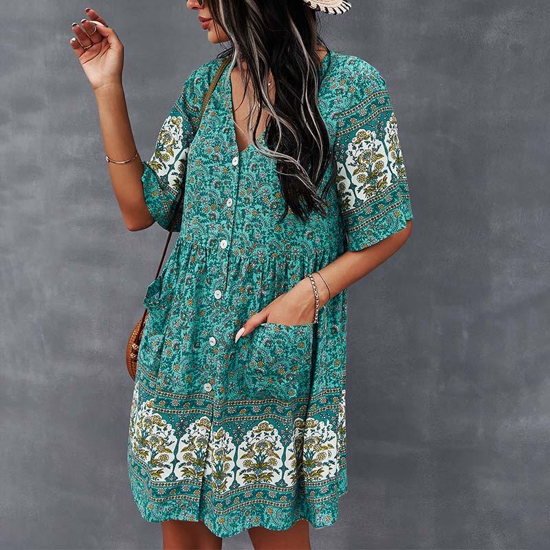 Damen Böhmisches Kleid Sommer V-Ausschnitt Kurzarm Geblümt Bedruckt Knopfleiste Lässige Kleider Mit Taschen Weiß