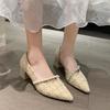 Fashion Spring New Coarse Heel Shoes Women Fashion Pointed Shallow Mouth Cloth Surface Bead Anti-slip Wear-resistant High Heels