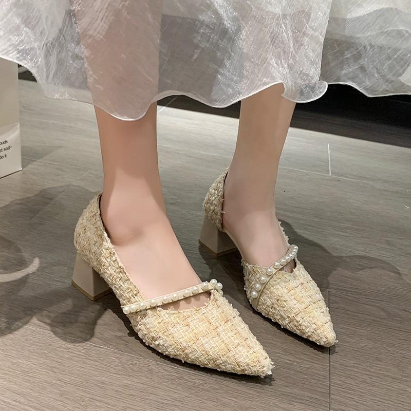 Fashion Spring New Coarse Heel Shoes Women Fashion Pointed Shallow Mouth Cloth Surface Bead Anti-slip Wear-resistant High Heels