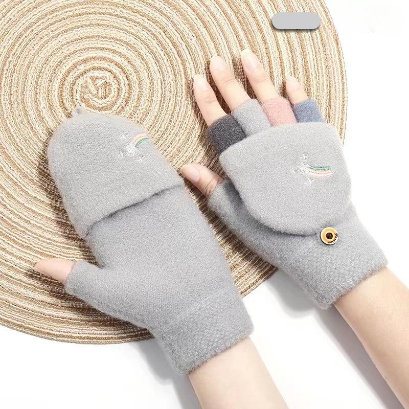 Winter Warme Halbfinger-Klapphandschuhe Gestrickt Kreative Studenten Niedlich Bestickt Regenbogen Schreiben Radfahren und Niedlichkeits-Handschuhe