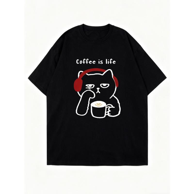 Cotton T Shirt Black Coffee Is Life Cat With Headphones And Mug Graphic Print Casual Wear For Women Summer Outfit Streetwear Style