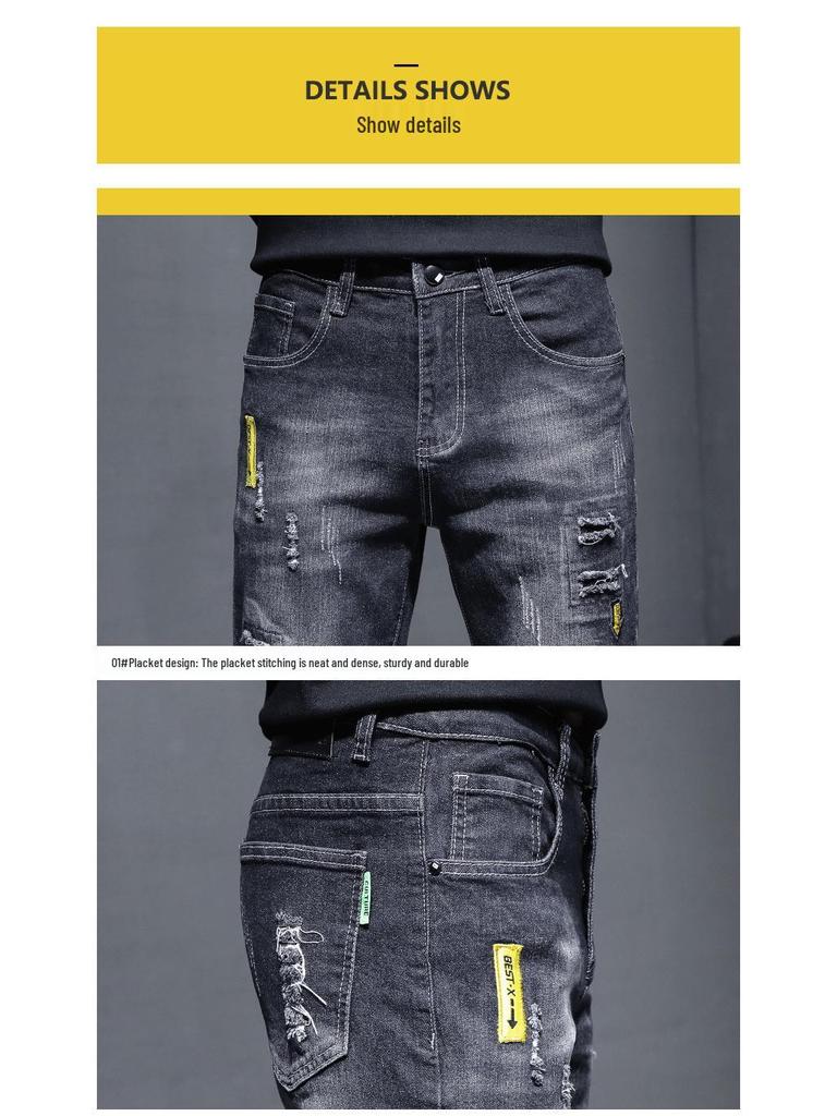 Men's Trendy Ripped Slim Fit Nine-Point Skinny Jeans - Elastic, Breathable, Casual Summer Wear