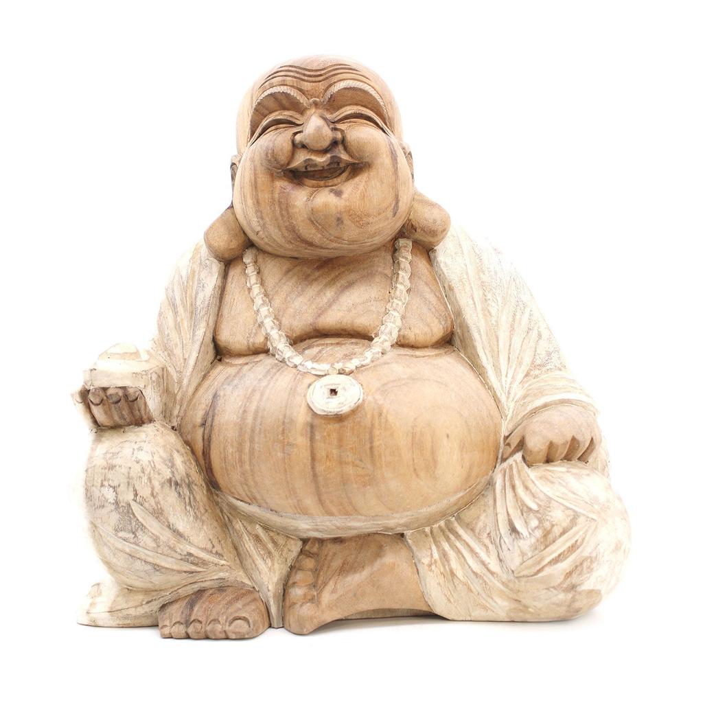Buddha Statue Happy Whitewash Suar Wood 40cm