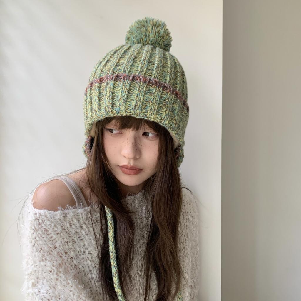 Fashion Knit Hat With Ear Flaps Tie Pom Pom Warm Winter Hat