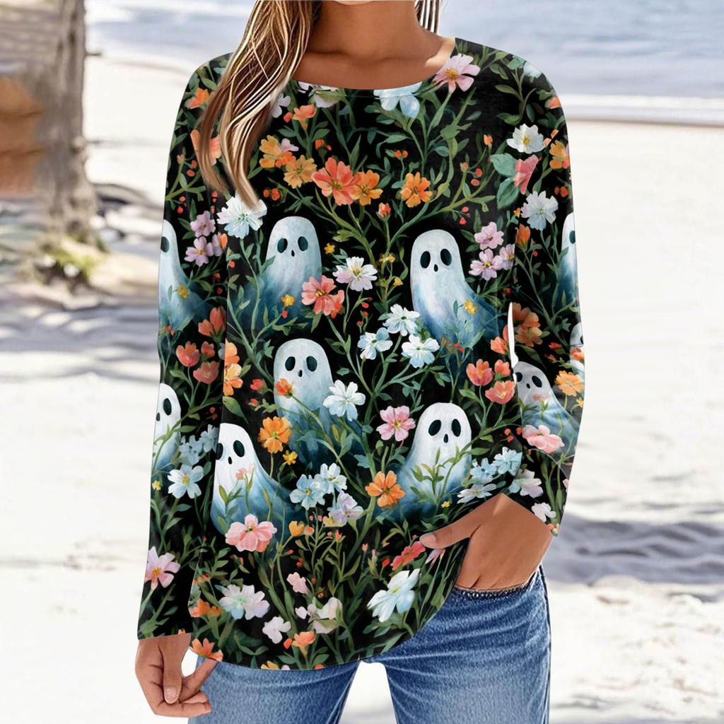 Women's Halloween Printed Pullover Sweatshirt Long Sleeve Crew Neck Top Casual Lightweight Soft Fabric Comfortable Fit