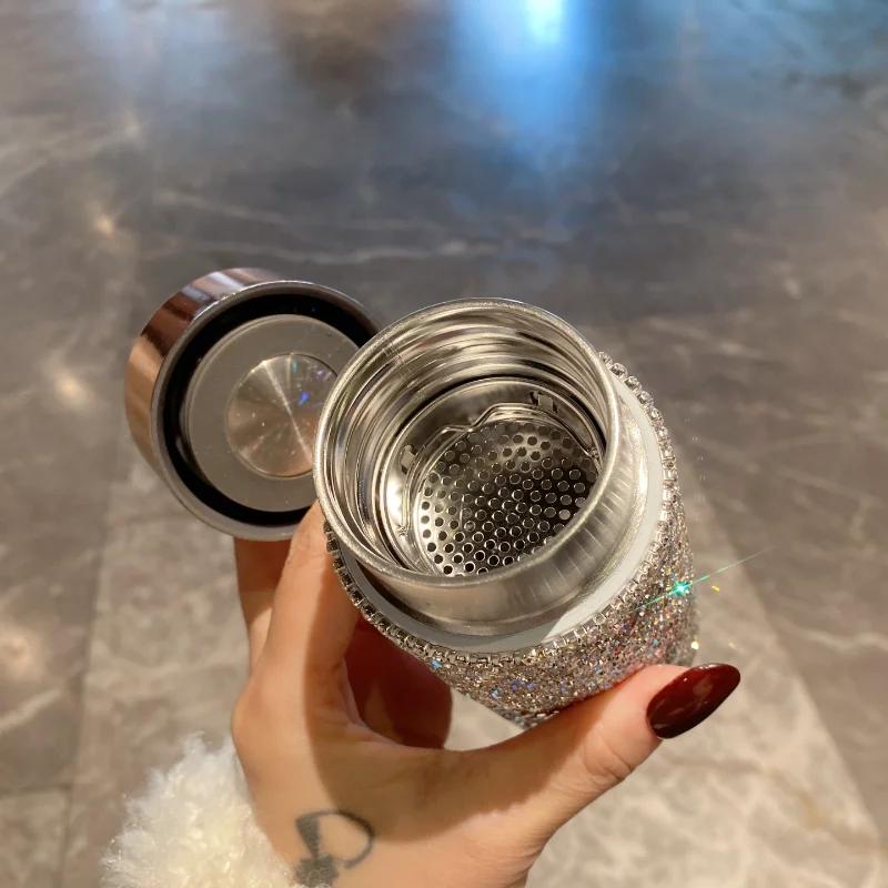 Błyszczący Przenośny Kubek Termosowy z Sitkiem do Herbaty Błyszczący Tumbler Kryształowy Prezent Kubek Samochodowy na Kawę Mini Stalowe Butelki na Wodę