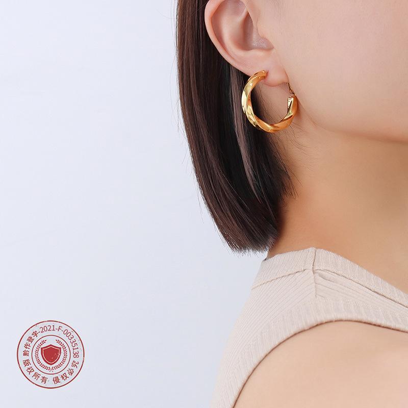 18K Gold-Plated Titanium Steel Twisted C-Shaped Earrings - Hong Kong Style