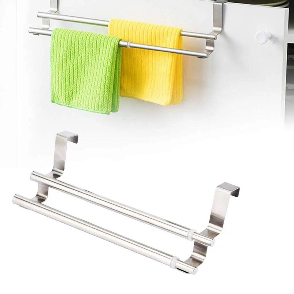 Silver Double Telescopic Towel Rack Stainless Steel Wall Mounted Towel Hanging Rack Retractable Adjustable Door Hanger Kitchen