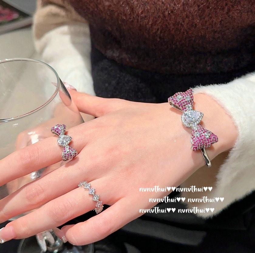 Wine Stained Rose Bow Water Drop Gem Ring, Princess On The Run, 18K Gold Plated, Rouge Pink Star, Ring