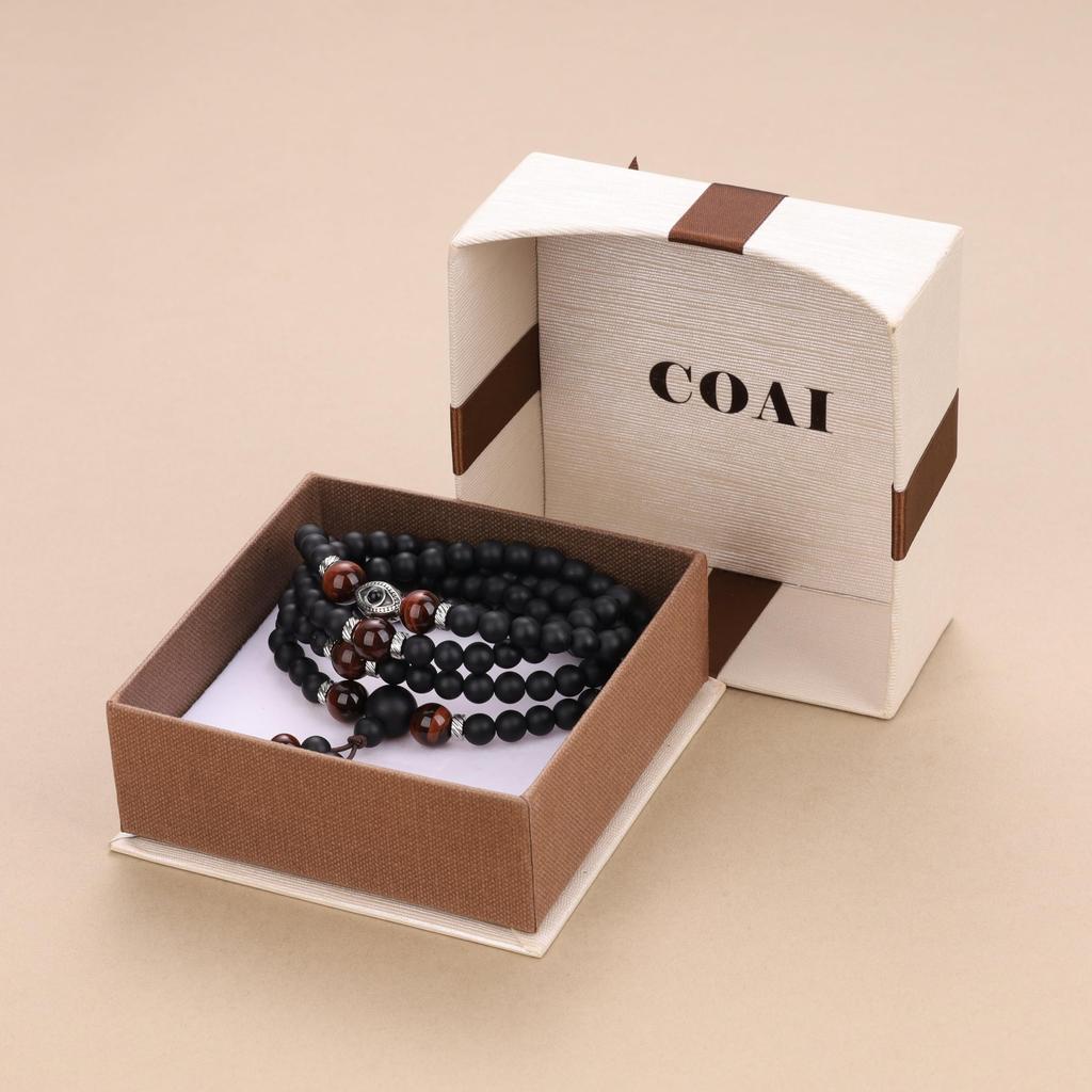 COAI Evil Eye 108 Beads Matte Onyx Red Red Tiger Eye Power Stone Necklace Unisex [Coai]