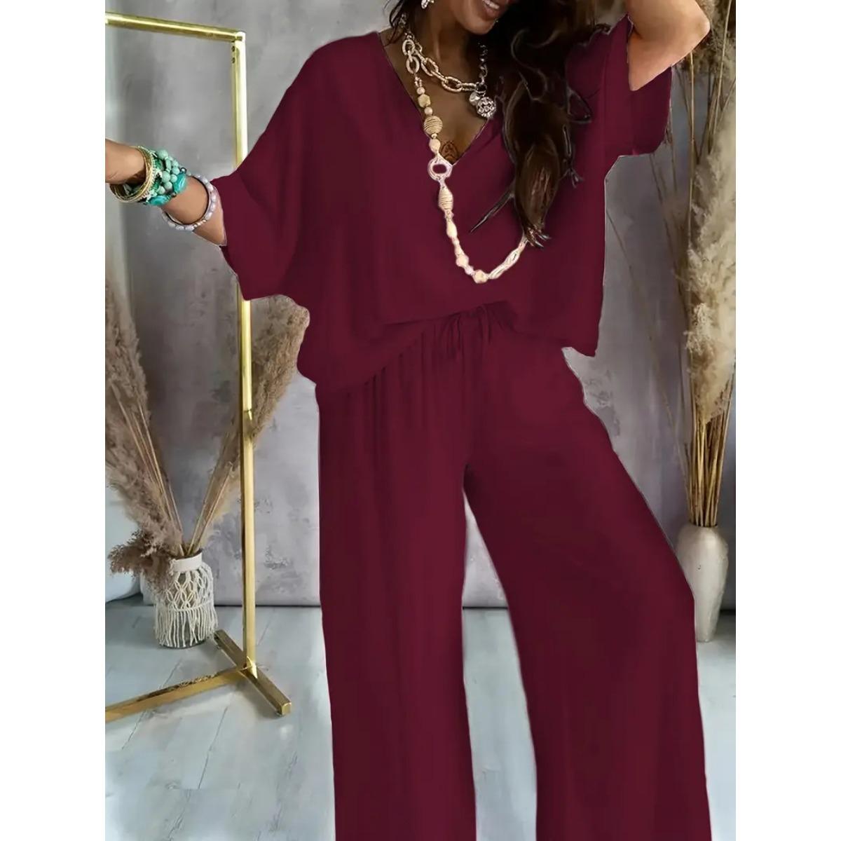 

Повседневный однотонный брючный костюм, женский костюм-двойка с топом с V-образным вырезом и рукавами до локтя и брюками широкого покроя S темно-красного