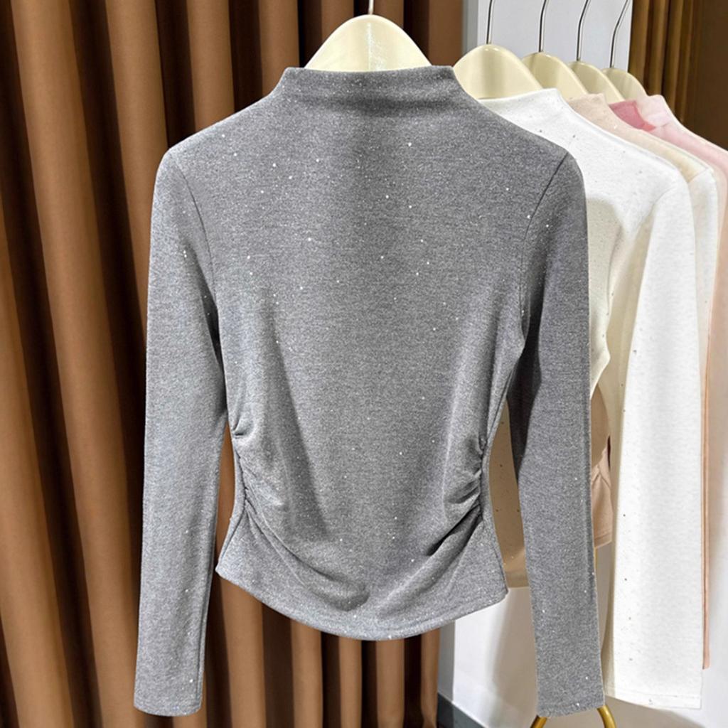 Autumn and winter semi-turtleneck German velvet warm bottoming shirt women's new sequined pleated soft waxy foreign style inner shirt