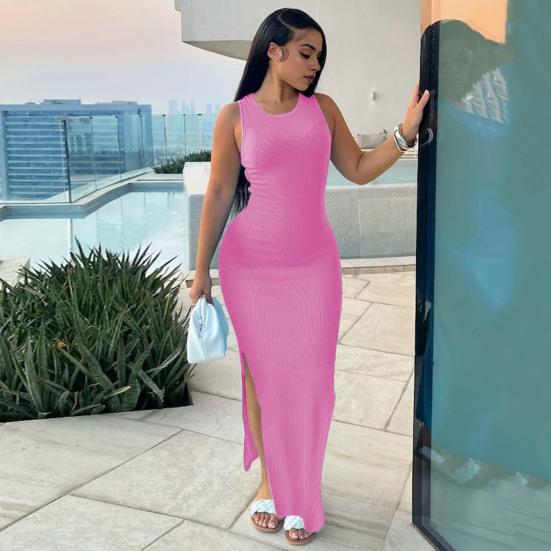Summer Women Dress Sleeveless Split Hem Solid Color O Neck Elastic Sheath High Waist Ankle Length Skinny Solid Color Party Club Maxi Dress