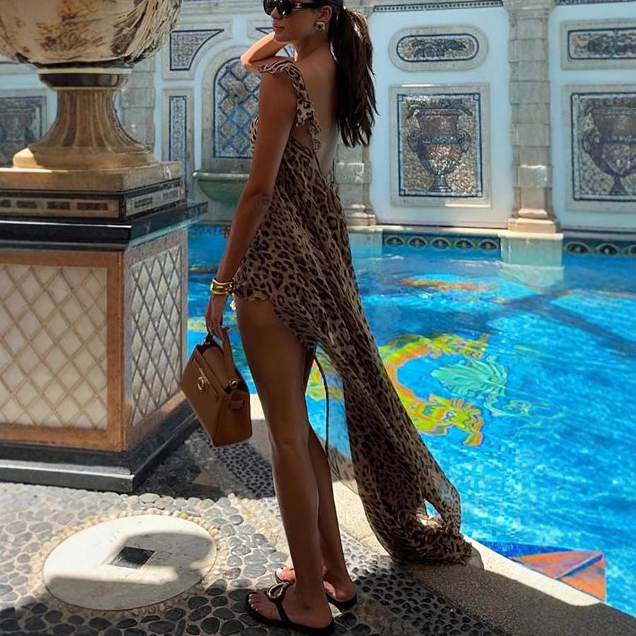 Women Leopard Print Cover Up Dress Halter Neck Maxi Beachwear with Shorts