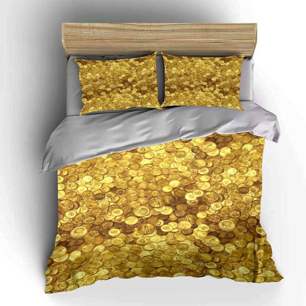 Golden Coins Pattern Decoration Set Soft Comfortable Duvet Cover Bedding Set Included 1*Duvet Cover & 2*Pillowcases, Gift