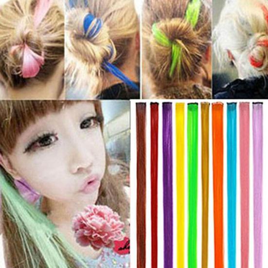 Women's Multi-Color Long Straight Synthetic Clip Extensions Piece In Hair