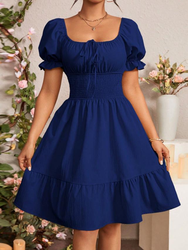 European and American women's clothing summer new pleated ruffle A-shaped skirt square neck short-sleeved dress