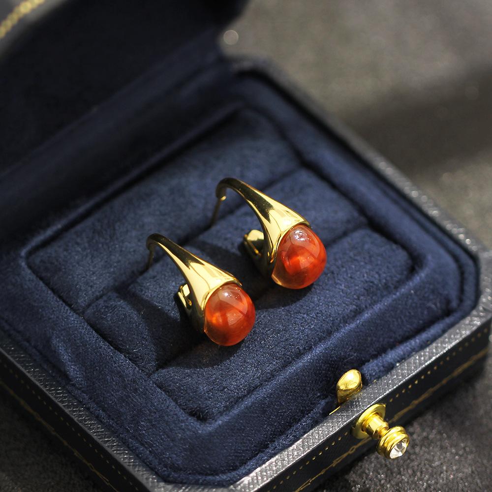 Medieval Gold Coffee U-shaped Amber Earrings, High-end Cold Wind Temperament, Niche Design, Middle Eastern Earrings