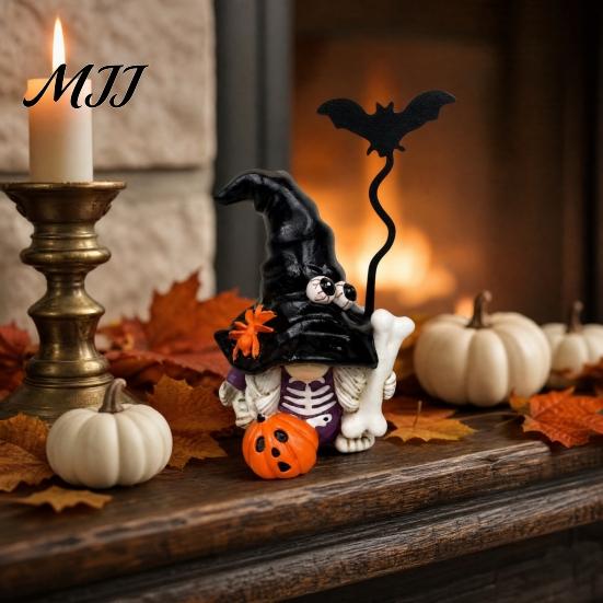 Halloween Party Decoration Statue Gnome Figurine, Small Resin Dwarf Table Decoration, Spooky Pumpkin Spiders Bats Figurines Bat Skull for Tiered Tray,