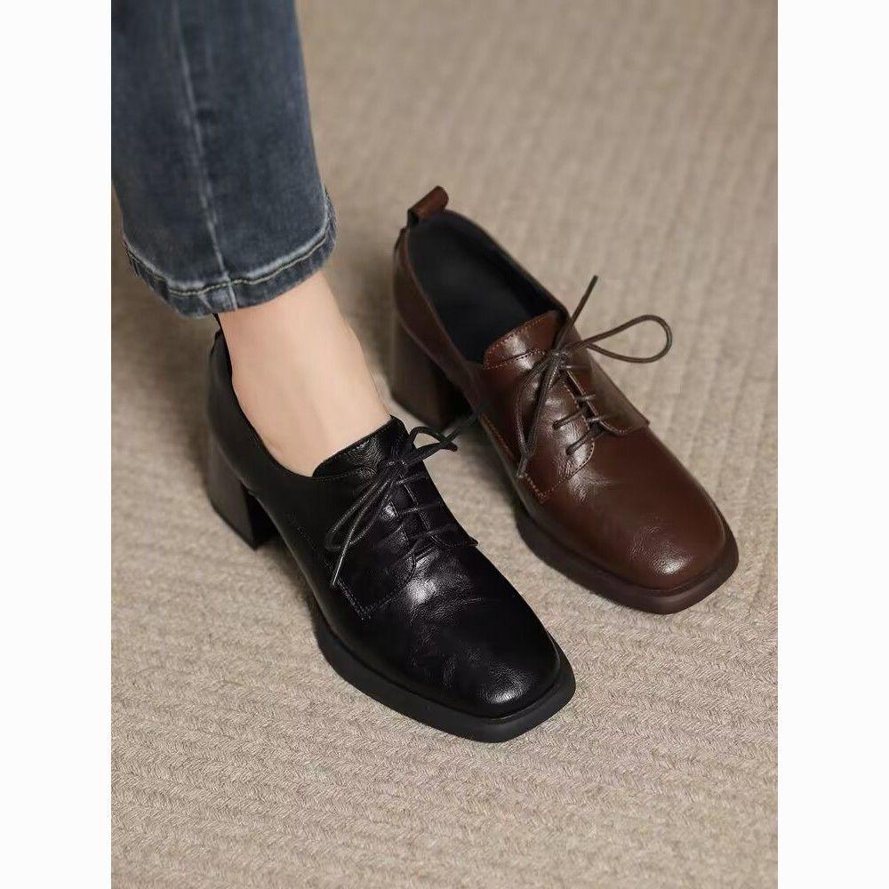 British-Style Women's Lace-Up Chunky Heel Loafers - Spring 2025 Collection: Comfortable Leather Shoes.