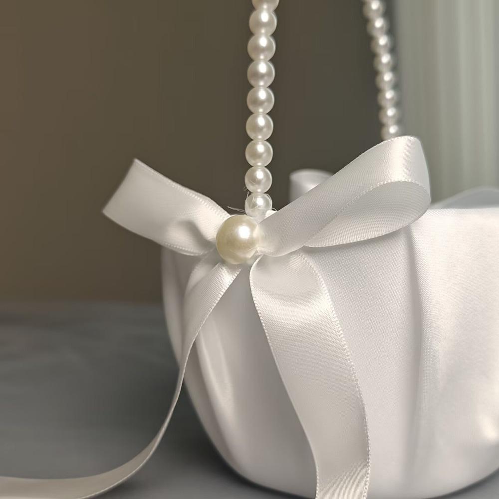 20 Cm White Flower Girls Basket Pearl Bow Kids Hand Held Wedding Basket Silk Wedding Ceremony Party Decorations