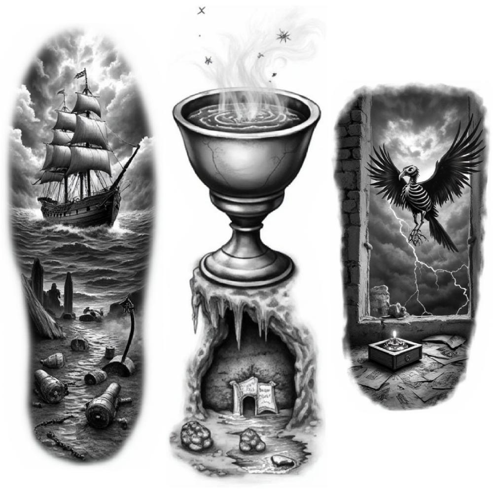 3pcs Temporary Tattoo Waterproof Long-lasting Body Stickers Knight With Castle Skull With Nun Axe With Skull For Thighs