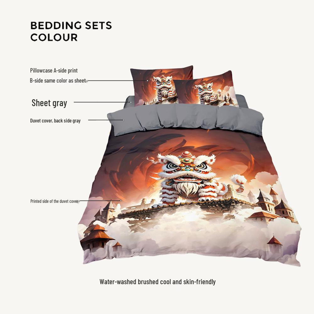 Cool Lion Dance Four-Piece Chinese Style Duvet Set for Boys' Bedroom or Dorm