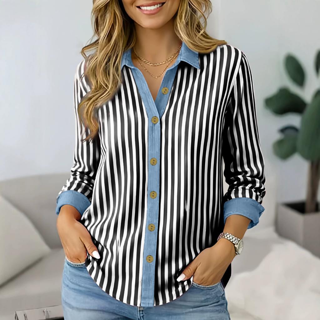 eBay Amazon Large Size Cross-border Spring and Summer Striped Printed Women's Shirt Simple Wind Contrast Lapel Long Sleeve Top