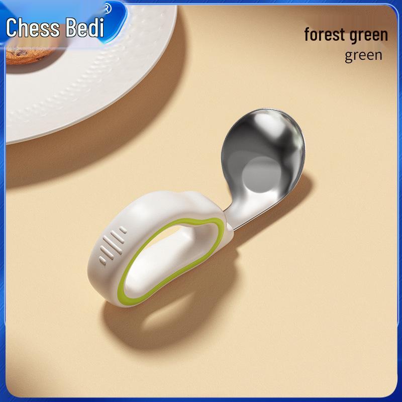 Infant Training Silicone Spoon & Fork Set - Stainless Steel, Short Handle, Bent Head for Learning To Eat