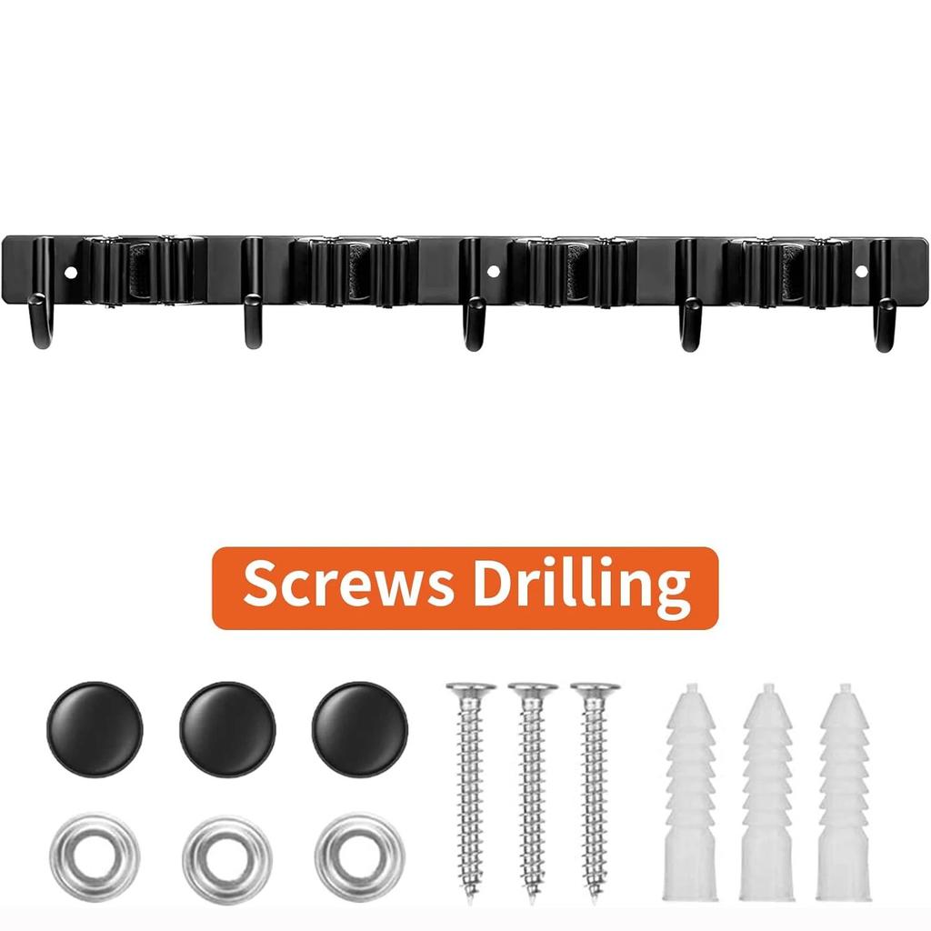 1 Heavy-Duty Metal Tool Rack with 4 Slots and 5 Hooks - Wall-Mounted Garden Tools, Broom, Mop and Garage Equipment, Tool Rack St