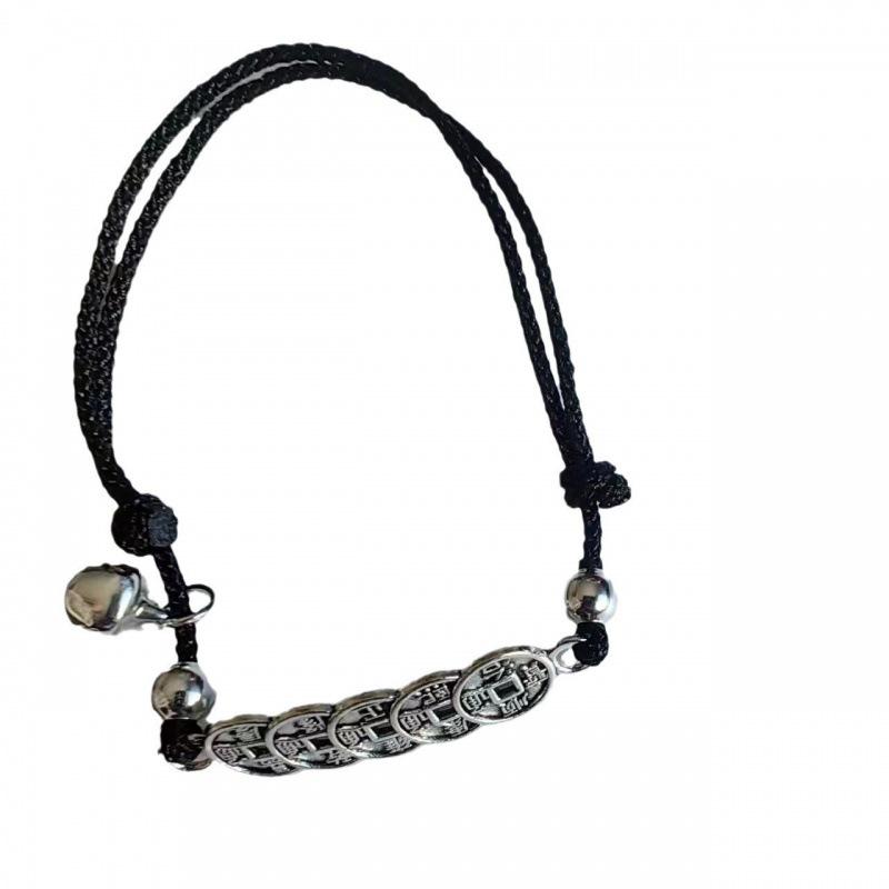 Xiaohongshu Woven Luck Bell Bracelet with Five Emperors Coins, Adjustable Red String for Birth Year, Chinese Style.