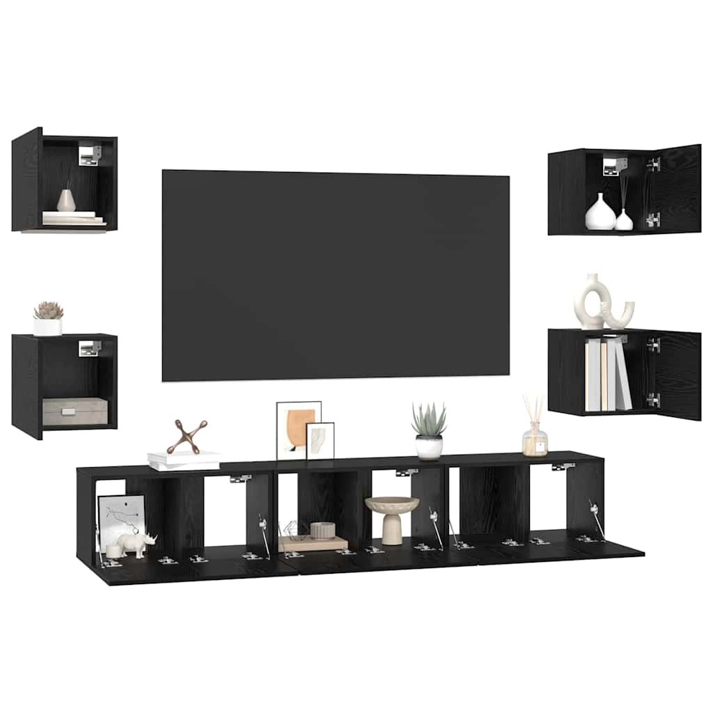 7 Piece Wall Mounted TV Cabinet Set Black Oak Effect Engineered Wood