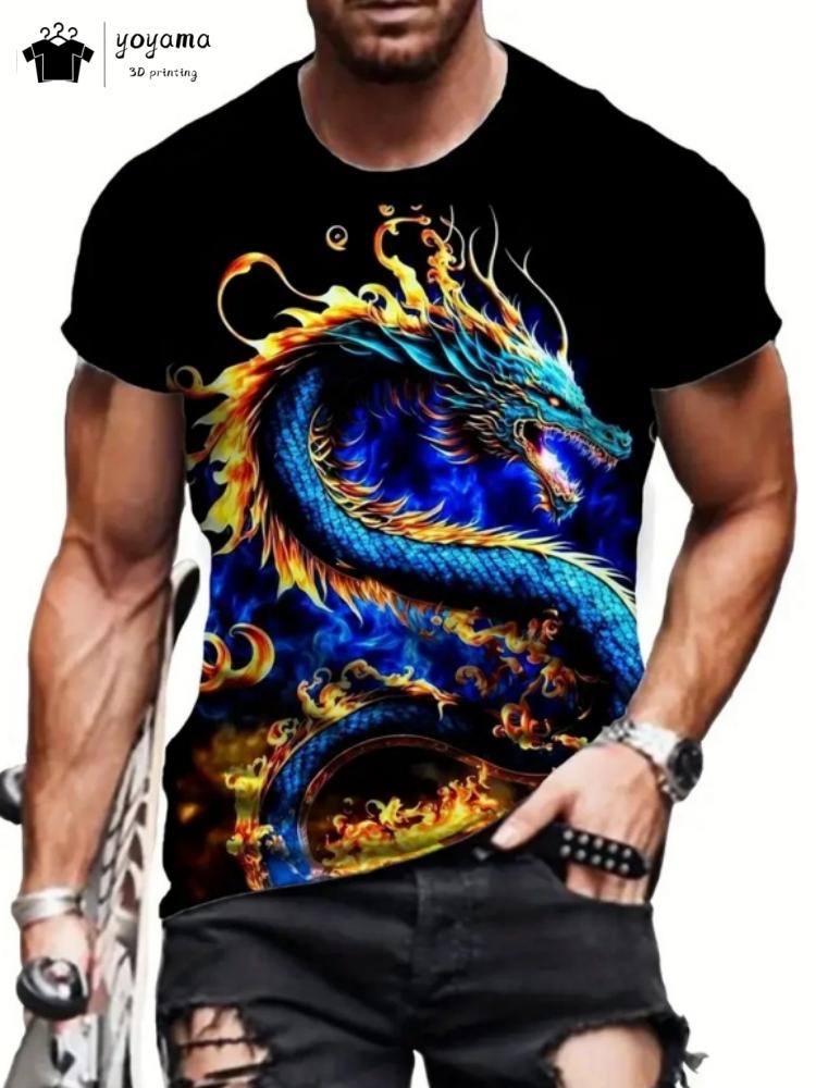 Summer Round Neck 3D Print Top Fashionable Casual Short Sleeved Dragon Pattern Men's T-shirts