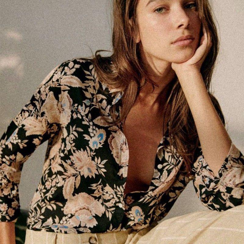 

French Minority 23 Spring and Summer Retro Florals Accessible Luxury Cotton Classic Straight Button Long Sleeves Print Shirt for Women 2023 spring Black Print thin shirt L
