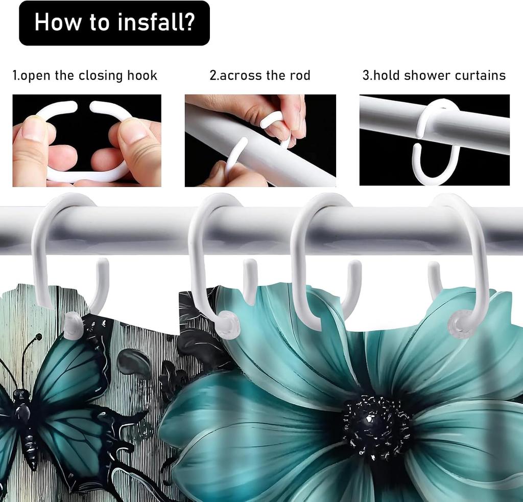 4Pcs Shower Curtain Set with Non-Slip Bath Mat, Toilet Lid Cover, Contour Rug & 12 Hooks, Bathroom