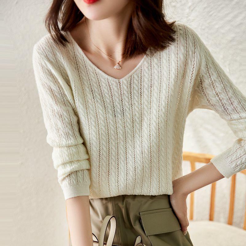 V-Neck Fried Dough Twists Sweater Women's Loose Autumn and Winter Top Pullover Solid Bottoming Knit