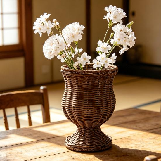 Faux Rattan Vase Handwoven Boho Wicker Basket Modern Farmhouse Decorative Flower Pot for Dining Table Centerpiece Bedroom Indoor Office Decor