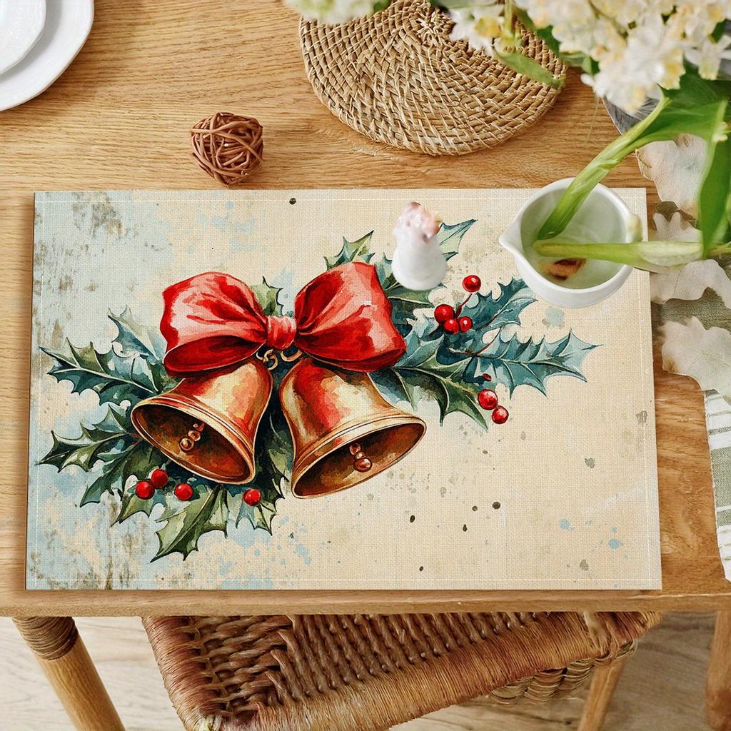 4pcs Vintage Christmas Placemats Festive Bell and Holly Design, Warm Holiday Aesthetic Polyester Fabric 18x12 Inches