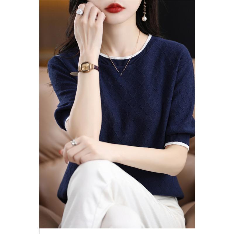 Cotton Thread Pullover Women Short Sleeved Round Neck T-shirt Color Blocked Diamond Shape Thin Knit Bottoming Shirt Simple Casual Commut Spring Autumn
