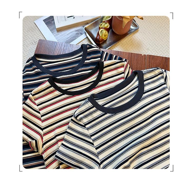 Women's American Retro Color Block Striped T-Shirt - 2025 Korean Style, Versatile Slim Fit, Round Neck