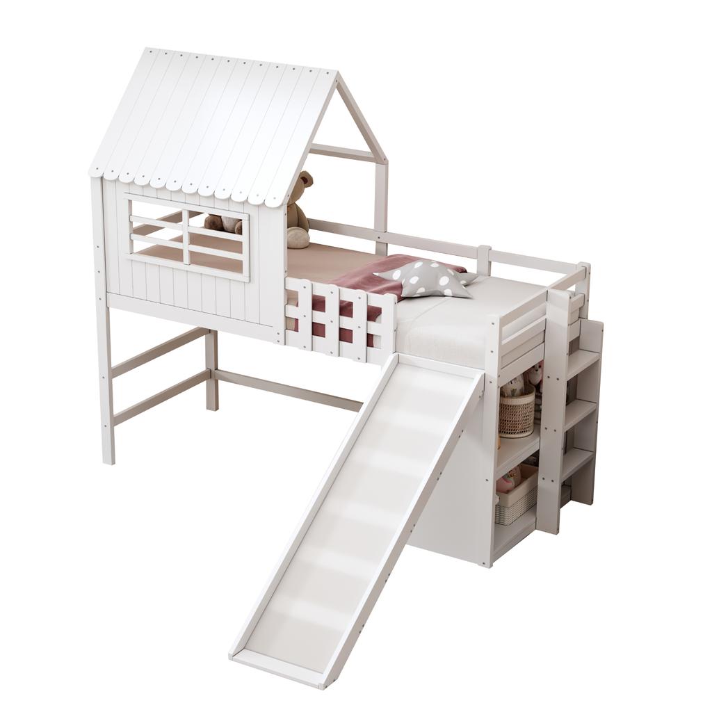 Children's Bed 90 X 200 Cm Attic Design with Safety Ladder and Safety Slide, Multi-Tier Storage Compartments Solid Wood Bed Single Bed Loft Bed White