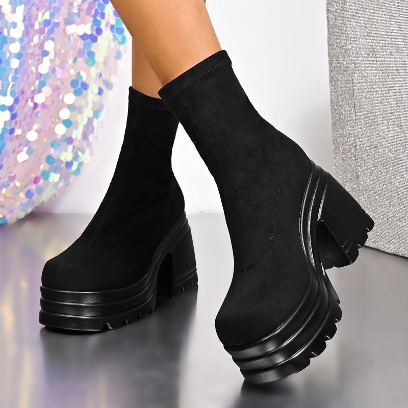Fashion Black Thick-soled Women's Height-enhancing 2025 New Autumn Suede Thick-heeled Elastic Slim Short Boots