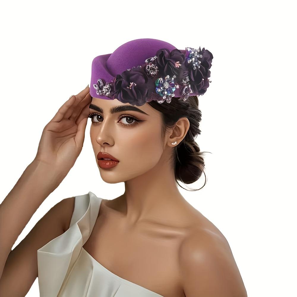 

Элегантный берет в британском стиле с цветочным узором из стразов для женщин | Винтажная шапочка с блестящими розовыми и белыми цветами, без эластичности, только ручная стирка фиолетовый